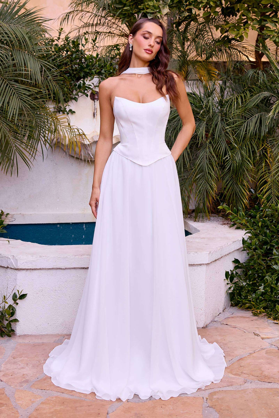 Elegant Strapless Corset Gown by Ladivine featuring a curved neckline and structured bodice, ideal for formal events or bridal occasions. Flowing white chiffon skirt adds timeless sophistication to this long evening dress.