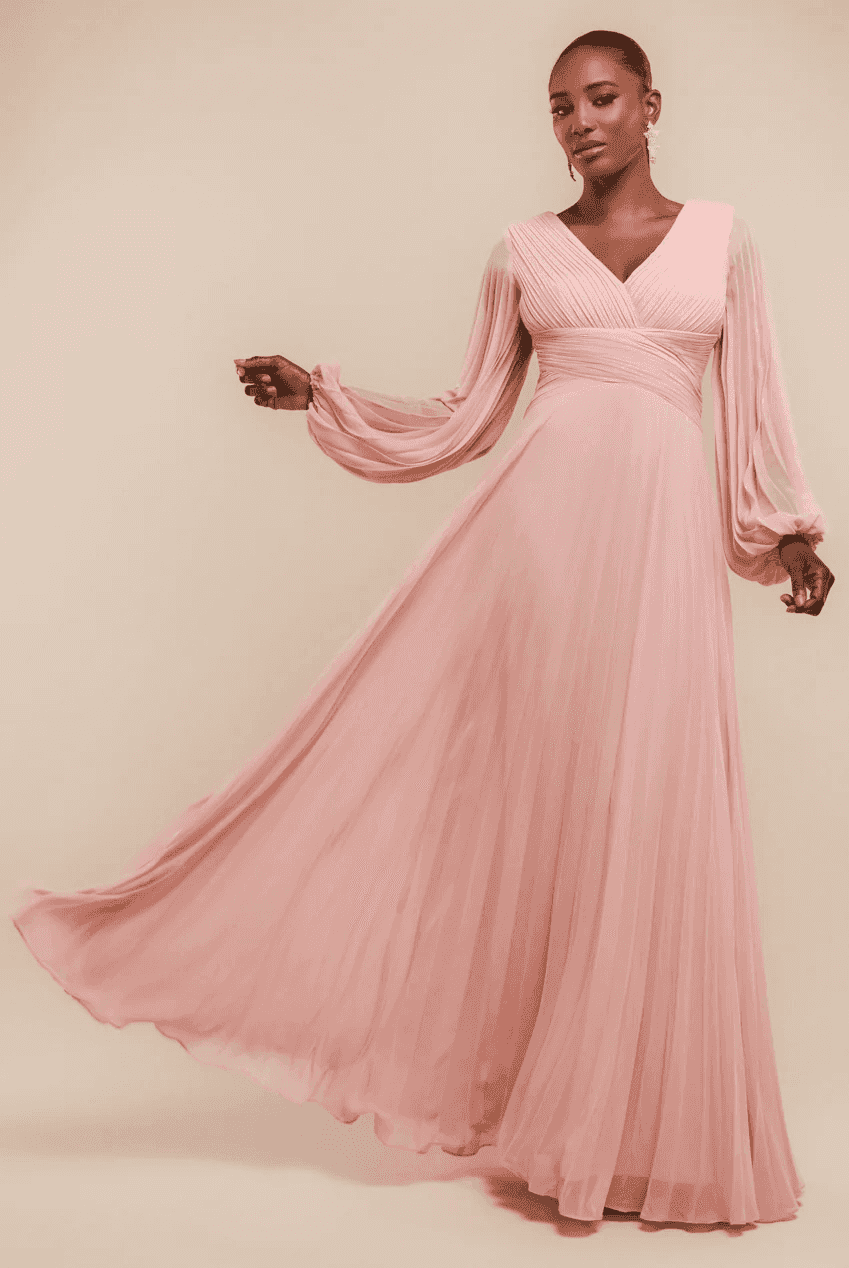 Goddiva Balloon Sleeve Chiffon Maxi Dress in Blush Pink - Front View