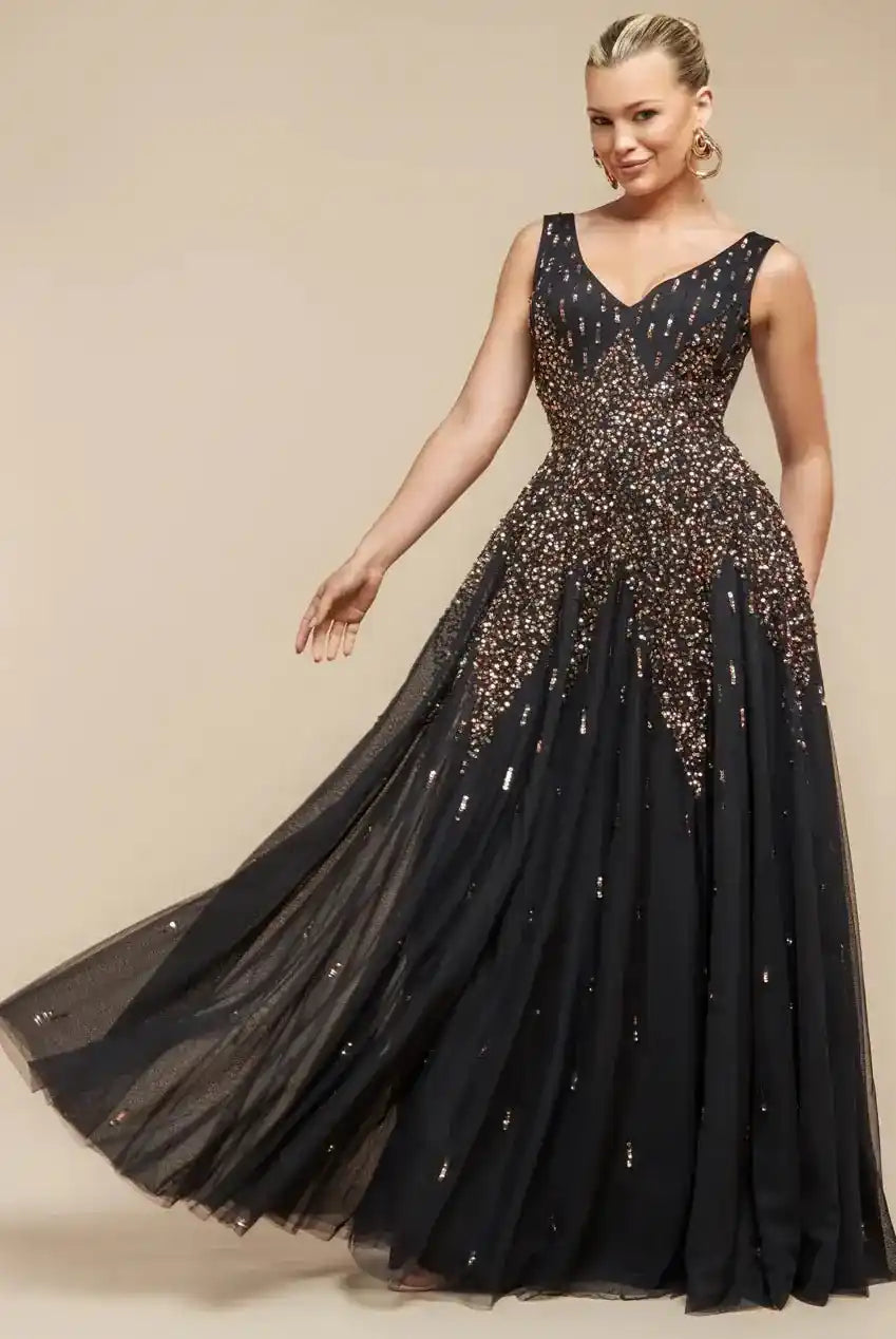 Goddiva Sequin Ombre Maxi Dress in blush pink with A-line silhouette and sleeveless V-neck, ideal for evening gowns and formal events.