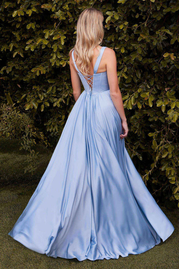 Back view of light blue A-line satin dress with lace-up corset and flowing skirt, perfect for prom or wedding parties.