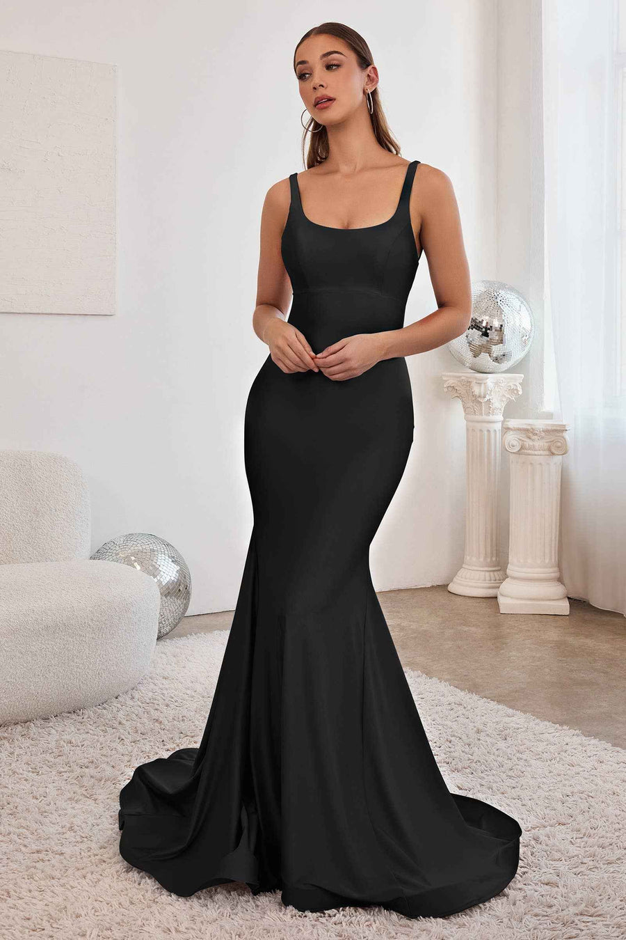 Stretch Mermaid Gown with Lace Up Back - Ladivine CD2219 in black, featuring a fitted silhouette and elegant train, ideal for prom or black tie events.