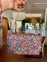 Stone Evening Bag - Colorful Multi with vibrant gem embellishments and gold chain strap, ideal for luxury night-out looks and party outfits.