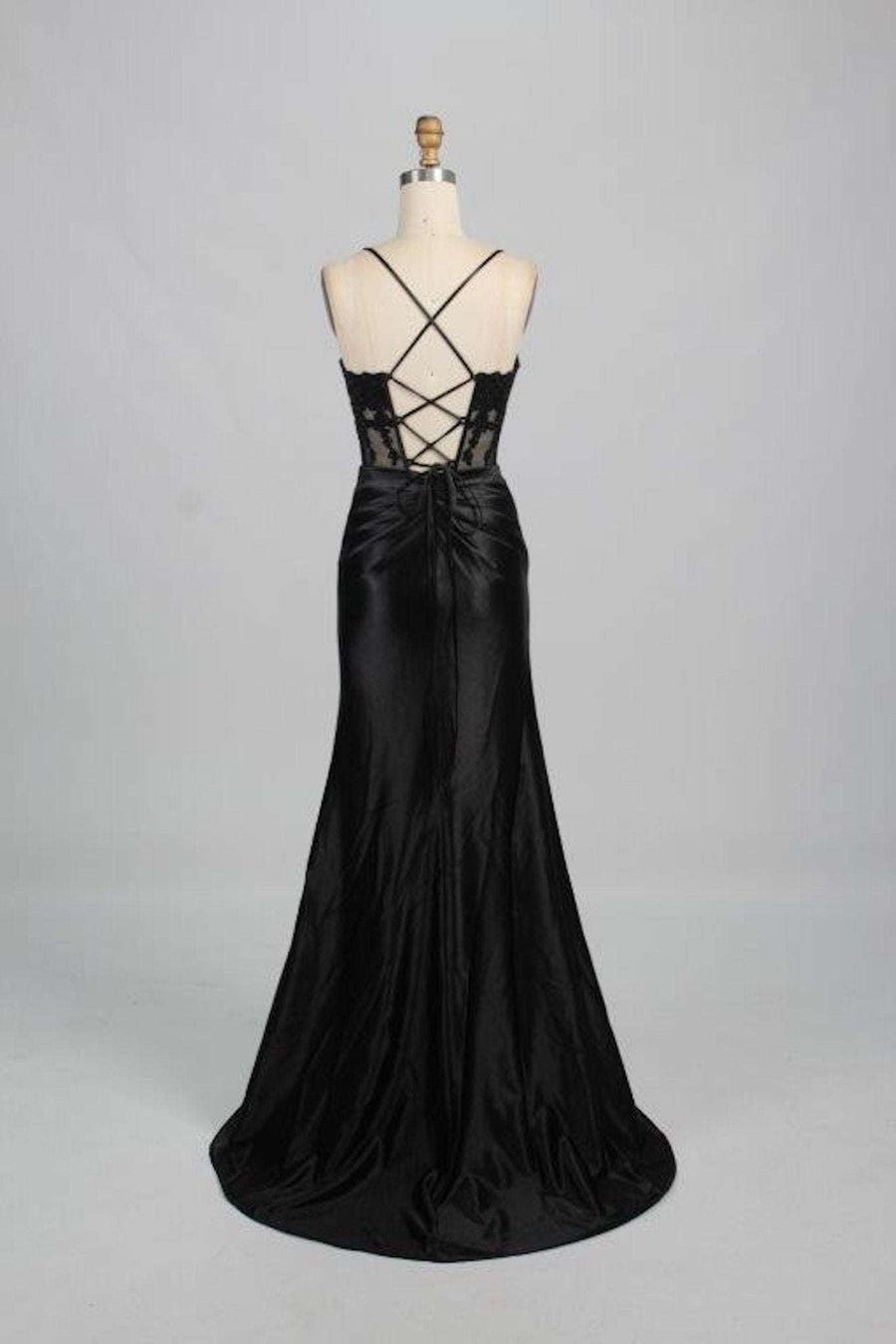 Back view of Jessica Stuart Blake Black Corset Satin Prom Dress with lace-up tie back and flowing satin skirt, ideal for black tie events.