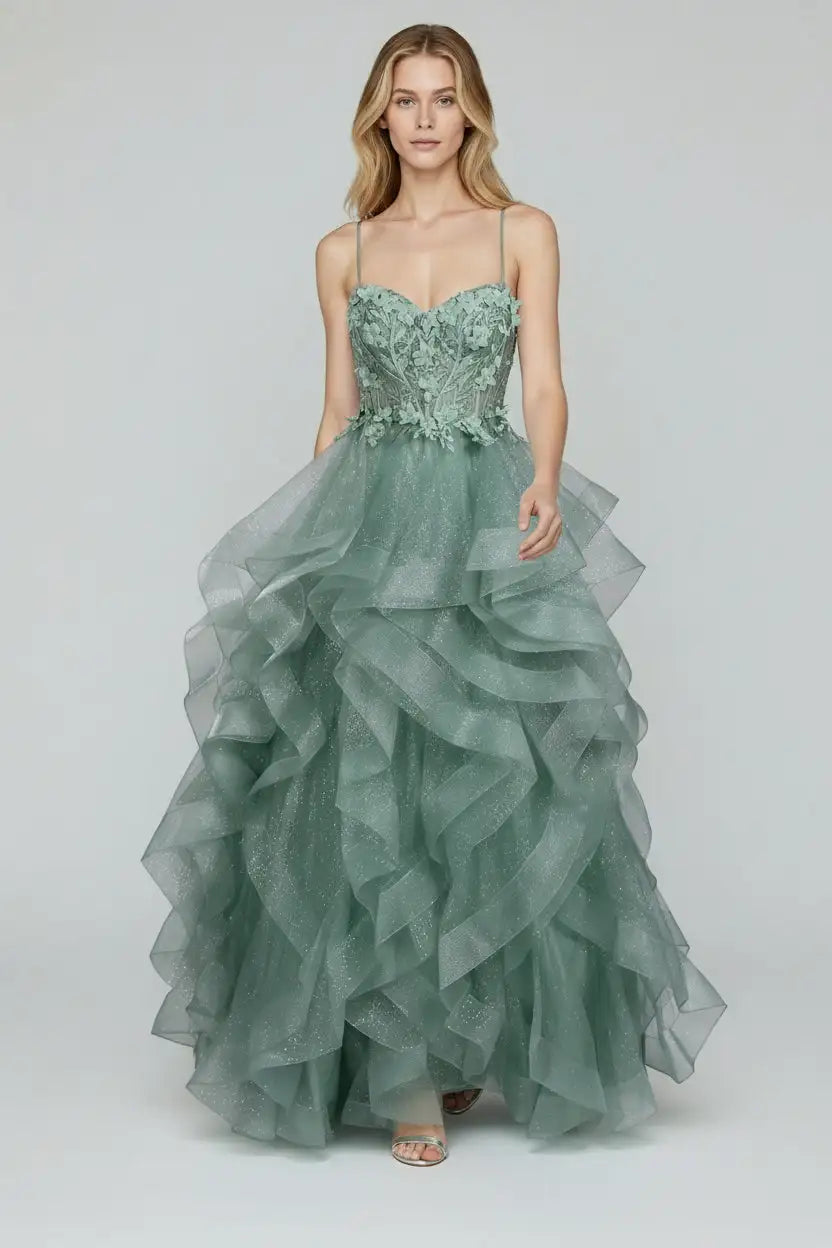 Jessica Stuart Sage Gown with 3D floral bodice and tiered ruffled tulle skirt, ideal for prom or formal events. Features shimmering sage green fabric.