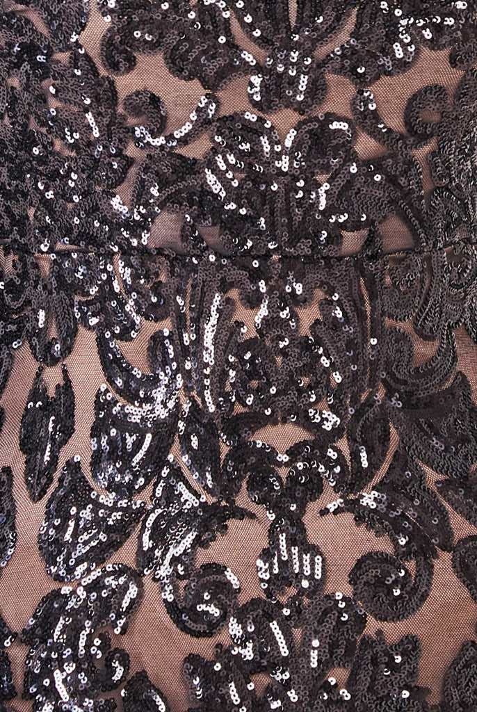 Goddiva DR3984 Black Sequin Collar Feather Sleeve Maxi Dress