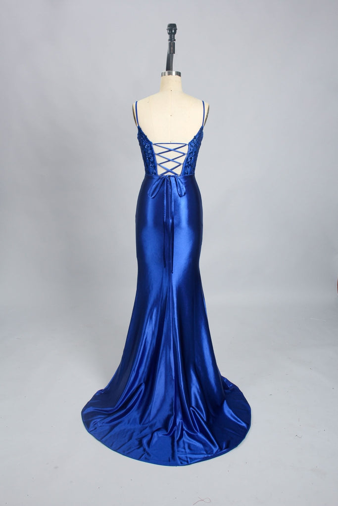 Back of royal blue corset freyer dress. With tie-back detail.