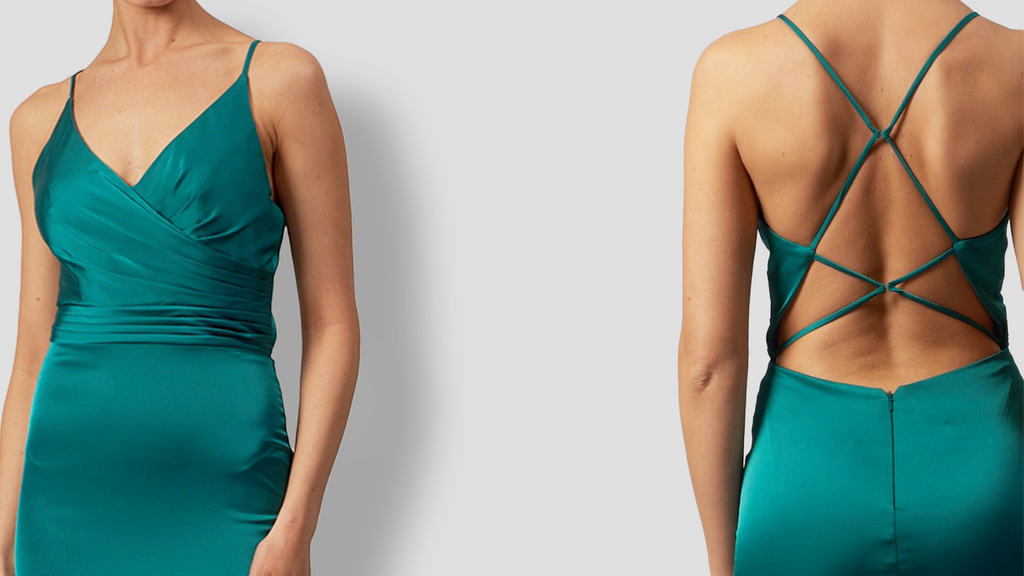 Front and back image of a woman in a green satin backless dress