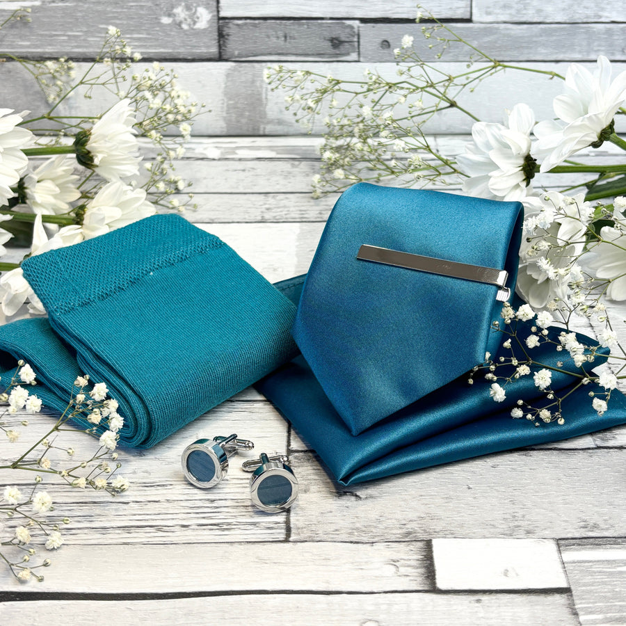 Peacock Wedding Tie gift set with matching pocket square, socks, cufflinks, and tie bar, perfect for grooms and wedding parties.