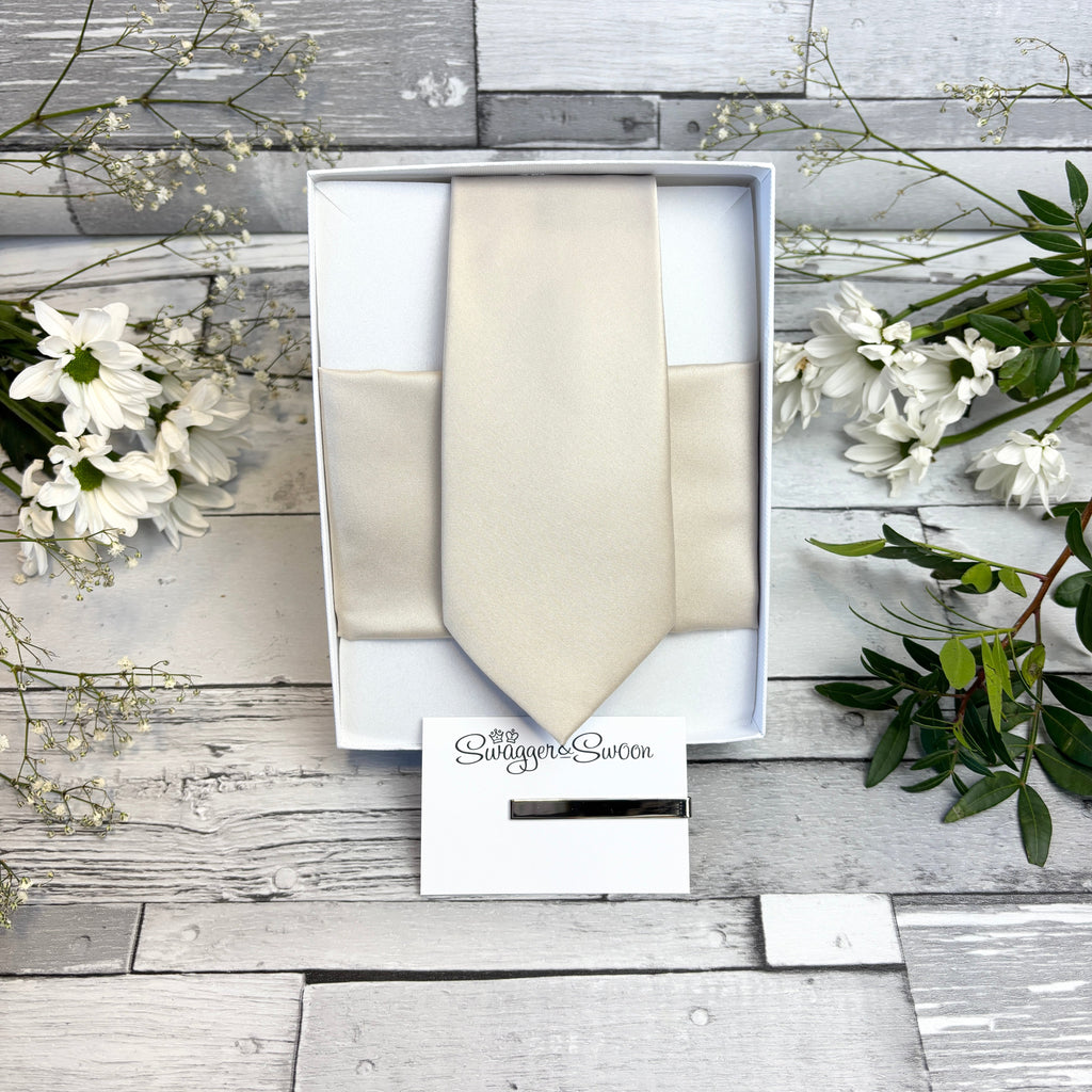 Handmade Antique Champagne Wedding Tie in gift box by Swagger & Swoon, perfect for elegant wedding attire and groomsmen accessories.