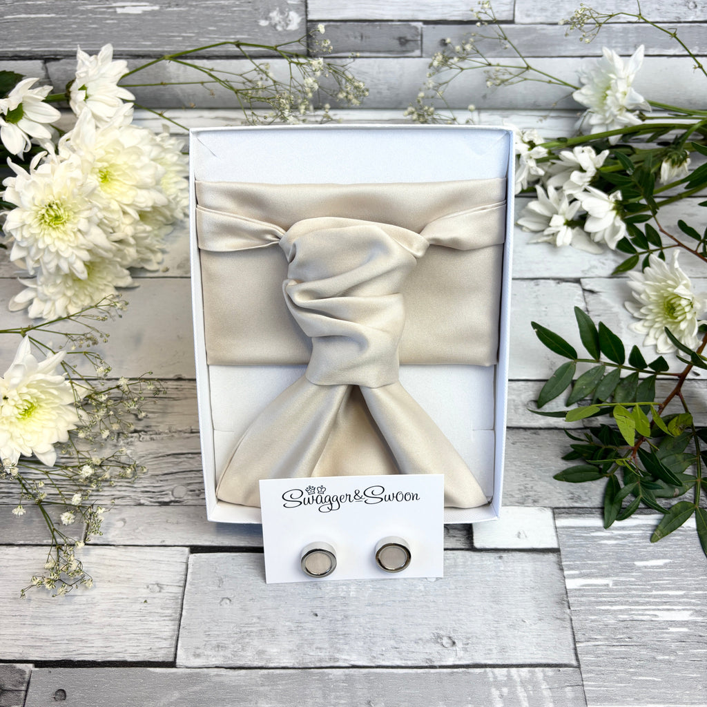 Boxed Antique Champagne Cravat set with matching pocket square and cufflinks by Swagger & Swoon, perfect for weddings and formal events.