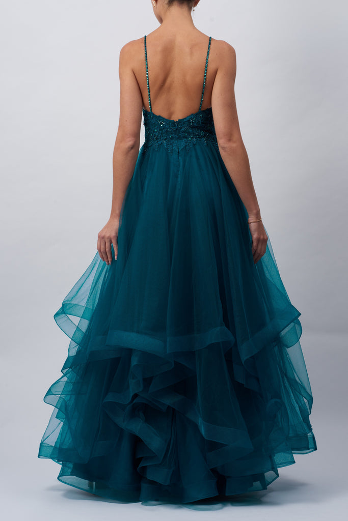 back view of Petrol Green Tiered Tulle Sparkle Strap Prom Dress