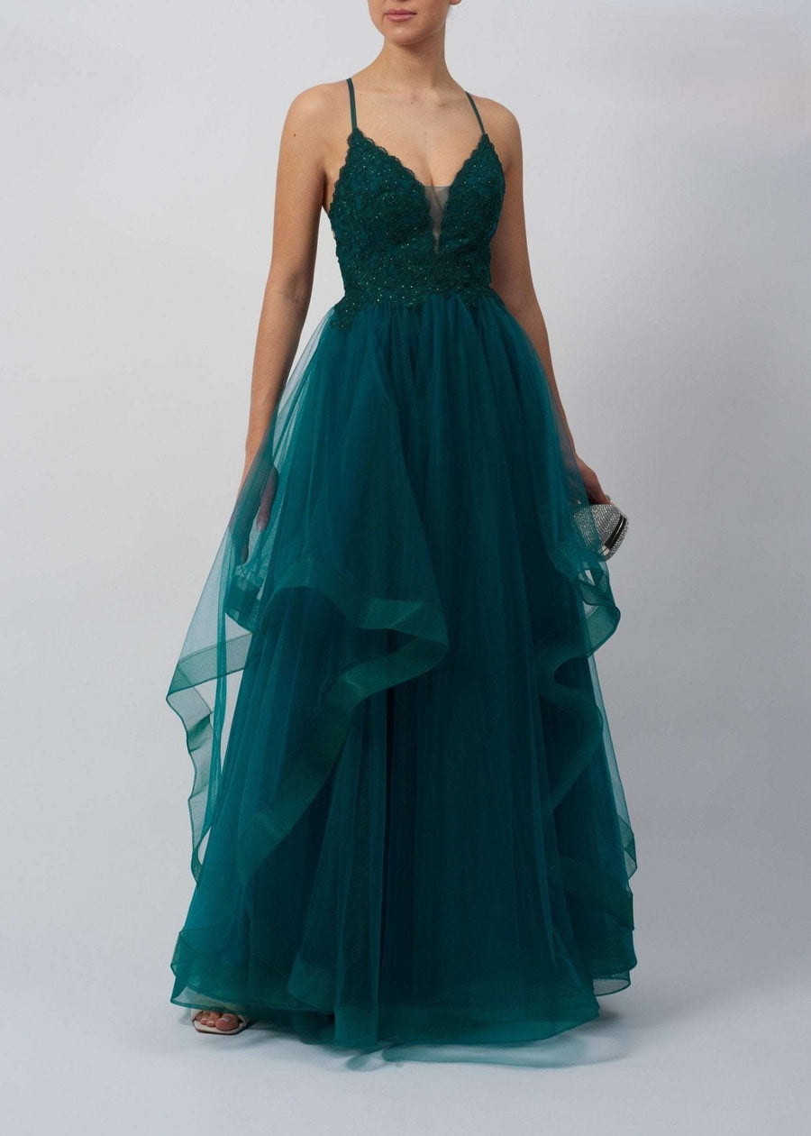 MC110125 Green Tulle Ballgown with criss cross back and layered skirt, ideal for prom or black tie gala events. Features sequin bodice and deep V neckline.