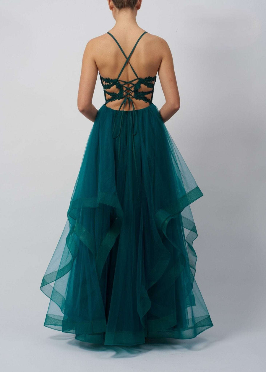 Mascara MC110125 Ballgown - Tulle Dress with criss cross back, shown in teal from the back. Elegant layered tulle skirt for prom or gala.