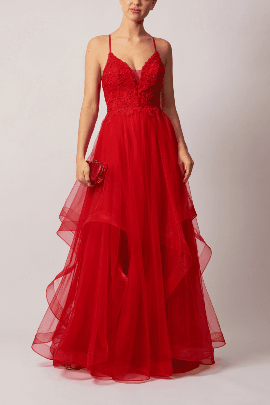 Mascara MC110125 Tulle Ballgown in vibrant red with lace bodice and layered tulle skirt, ideal for prom or red carpet events.