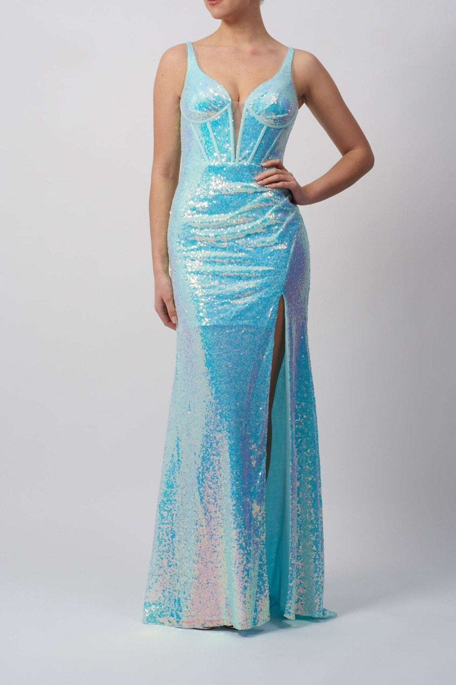 model in sequin long ice blue corset dress