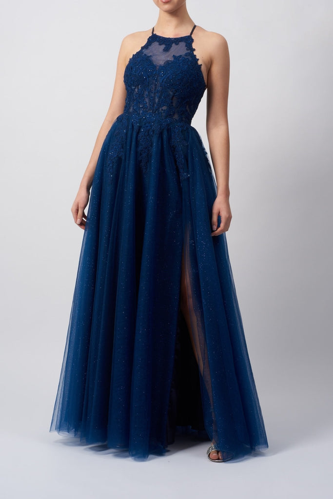 Navy blue glitter tulle prom dress with tie up back