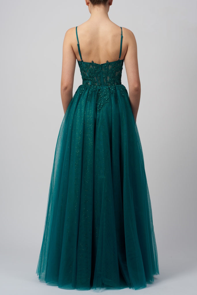 back view of fitted corset prom long dress