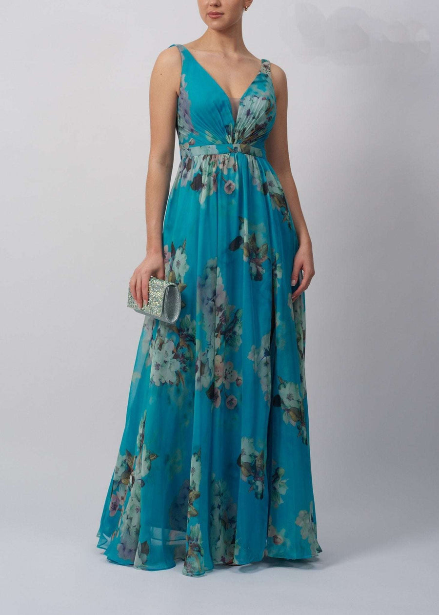 Chiffon Dress MC11314 in steele blue with floral print, V-neckline, and flowing skirt, ideal for formal events and summer weddings.