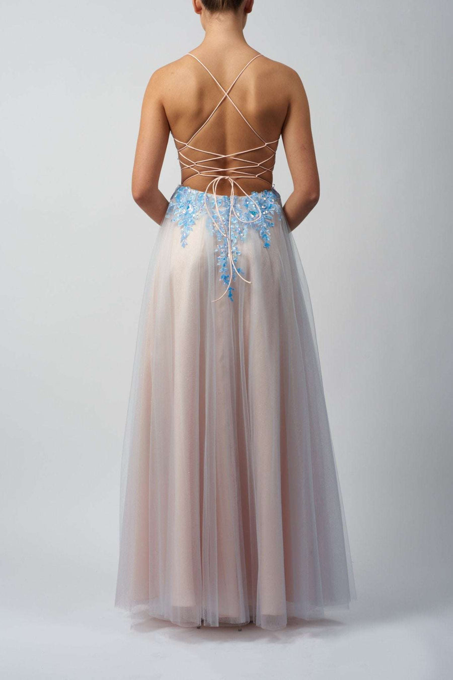 Back view of Mascara London MC11325 Two Tone Tulle Prom Dress in baby blue and peach with lace-up back and floral embroidery. Elegant long formal gown for prom or bridesmaid wear.