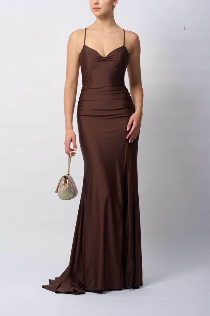 Mascara Cross Back Jersey Dress MC11332 in chocolate brown with ruched waist and slit skirt, ideal for formal events and evening occasions.
