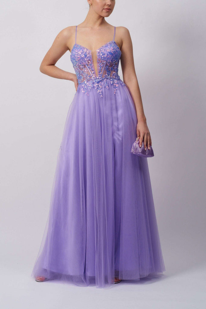 Mascara Lemon Tie Ballgown in lavender tulle with floral appliqué bodice and plunging neckline, ideal for proms and formal events.