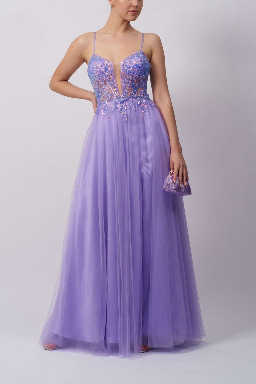 Mascara Lemon Tie Ballgown in lavender tulle with floral appliqué bodice and plunging neckline, ideal for proms and formal events.