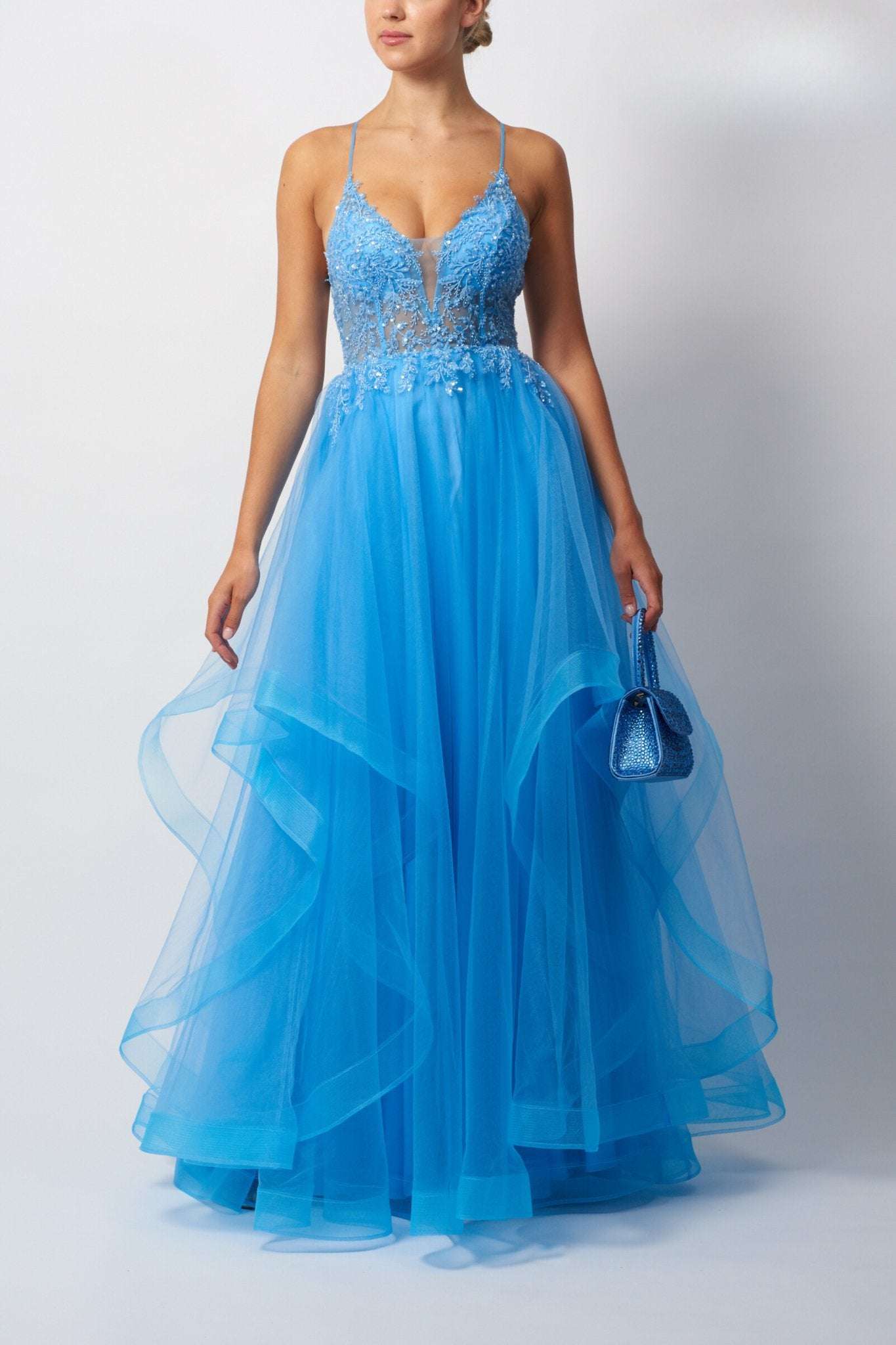 Powder Blue Tulle Dress - MC11341 Embroider | Tiered Tulle Powder Blue Tulle Dress - MC11341 Embroider | Tiered Tulle