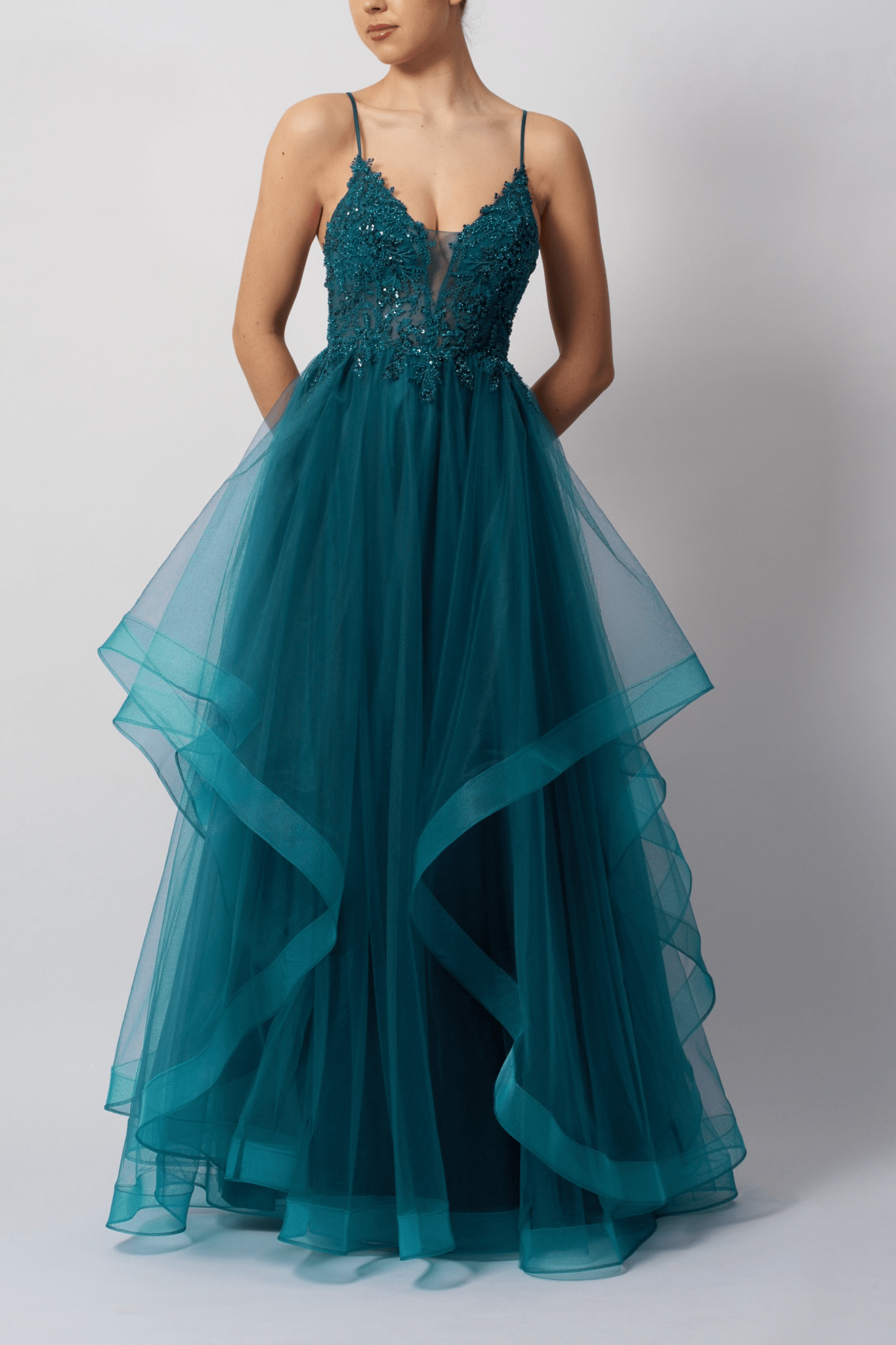 Petrol Blue Tulle Dress Tiered Skirt Open Back, Corset