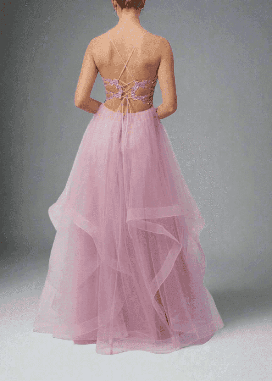 Back view of Mascara Powder Blue Tiered Tulle Dress with Embroidered Corset, featuring crisscross straps and flowing layered tulle skirt.