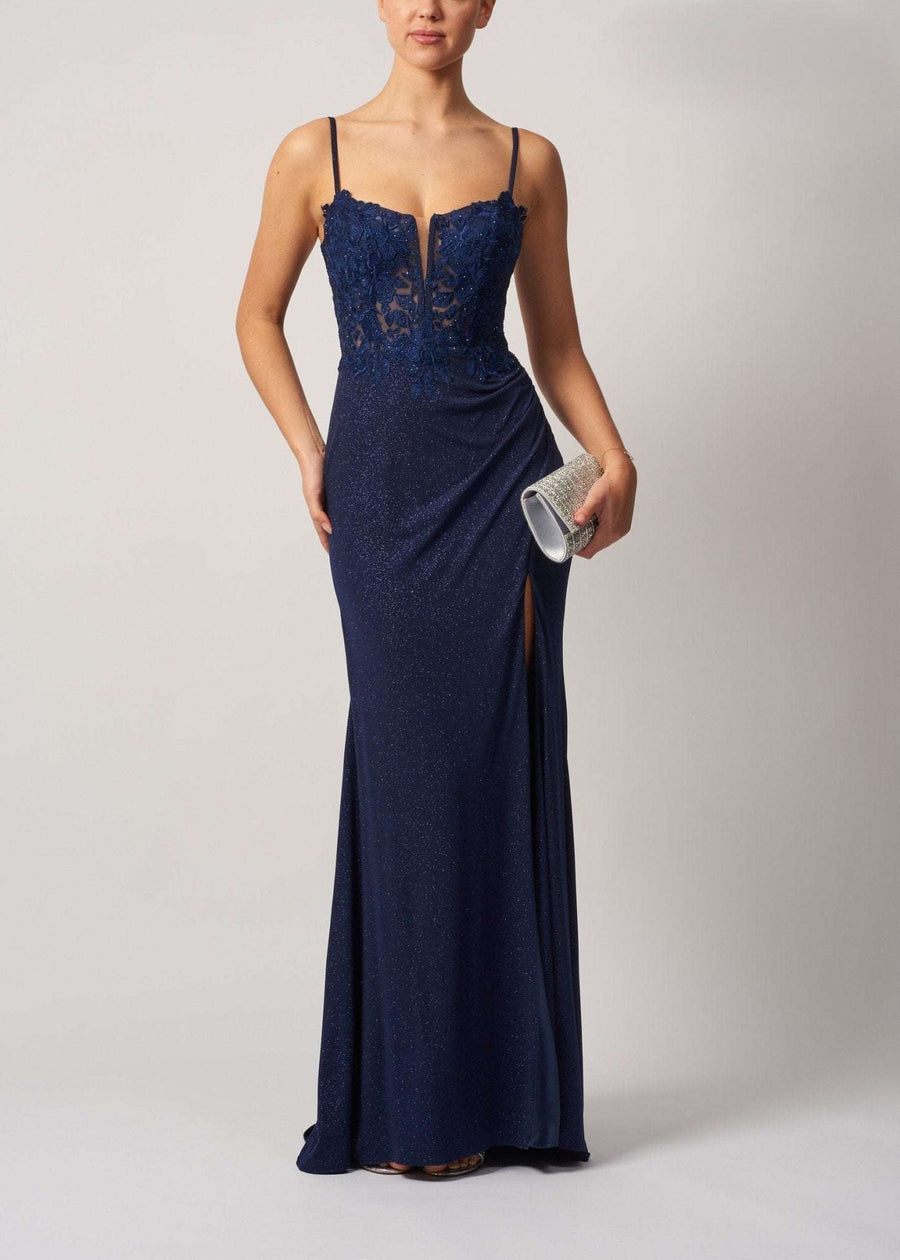 Mascara Glitter Prom Dress - Navy features a deep V-neckline, lace bodice, and thigh-high slit for standout glamour. Ideal for prom or evening events.