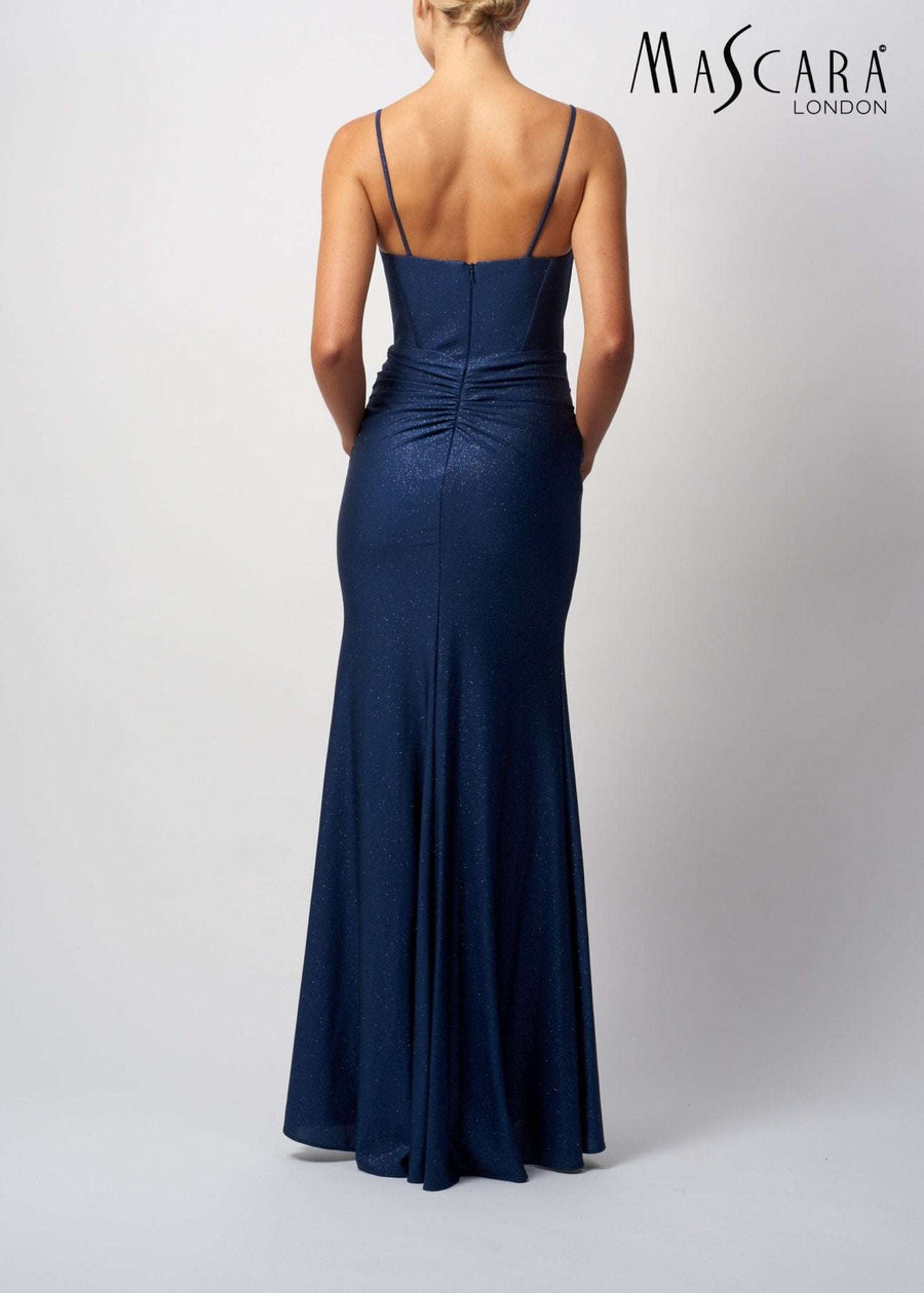 Back view of Prom Dress Mascara - Airforce Glitter in navy blue, showcasing ruched waist detail and elegant floor-length glitter fabric.