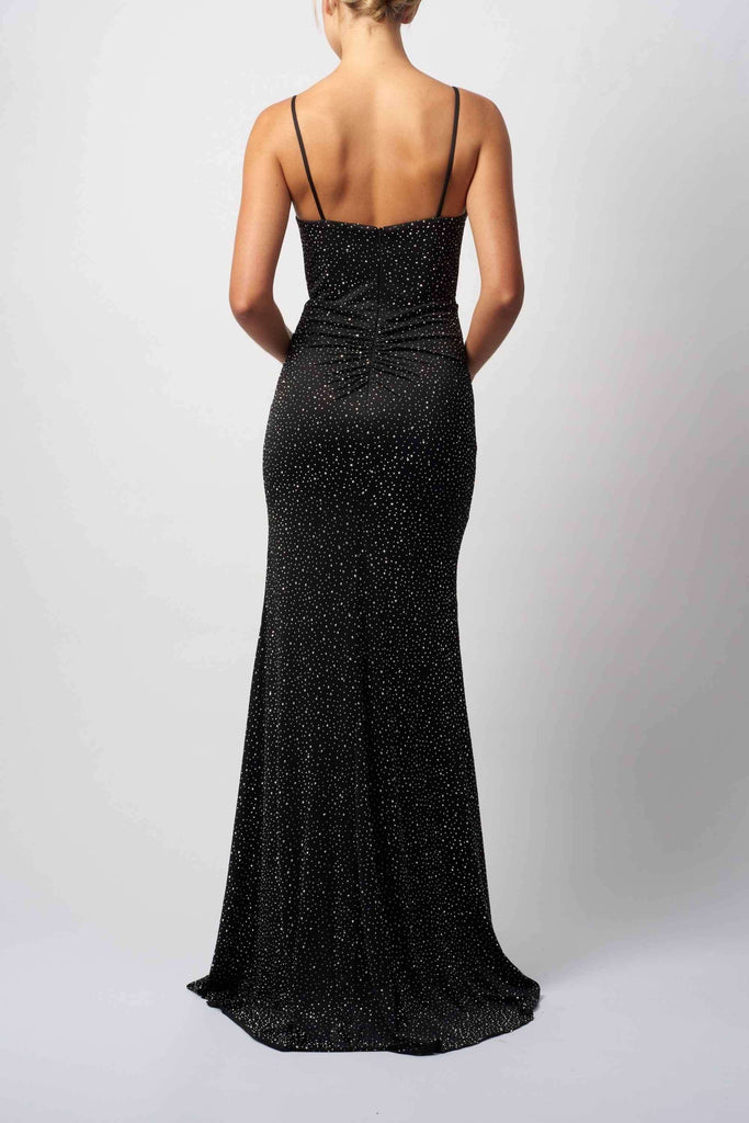 Back view of Mascara MC113438 STARGAZE JERSEY black tie long dress with glitter detail, perfect for prom or formal evening events.