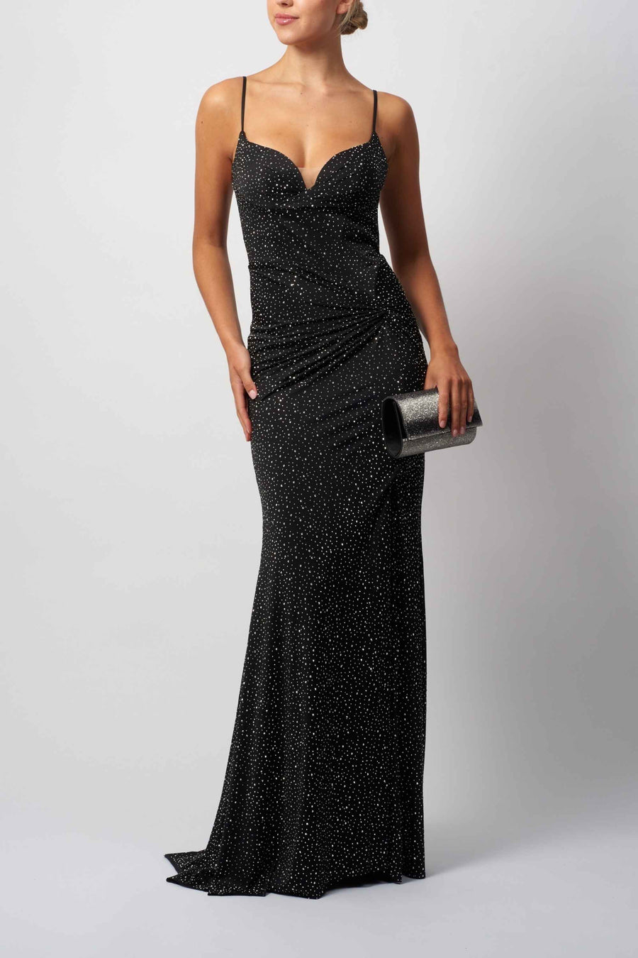 Mascara MC113438 STARGAZE JERSEY black tie long dress with glitter sparkle, featuring a sweetheart neckline and ruched waist. Ideal for prom or formal events.