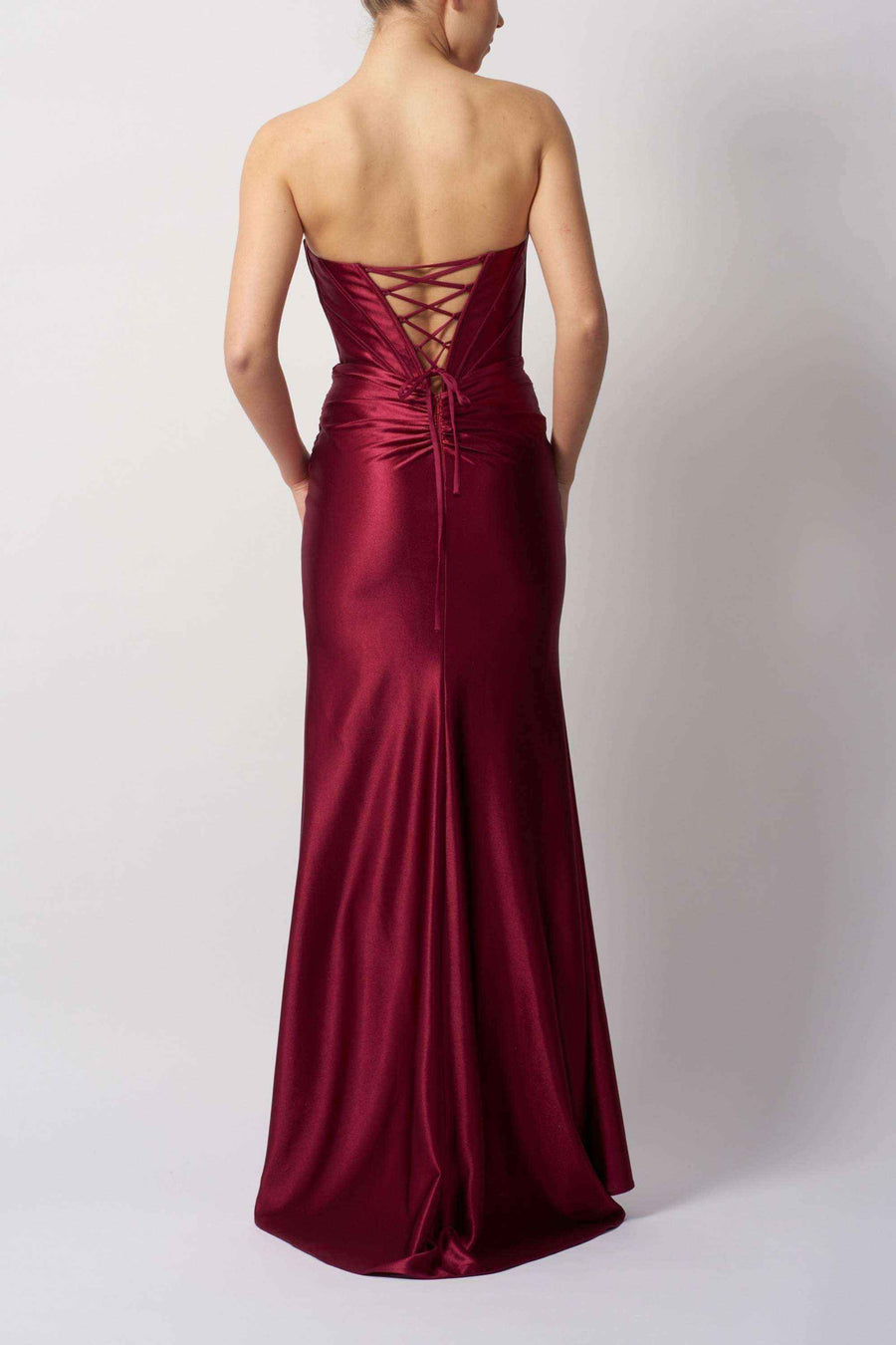 Back view of Strapless Plunge Dress - Mascara Prom Dress MC113443 in red featuring lace-up tie-back and smooth satin finish for a figure-enhancing fit.