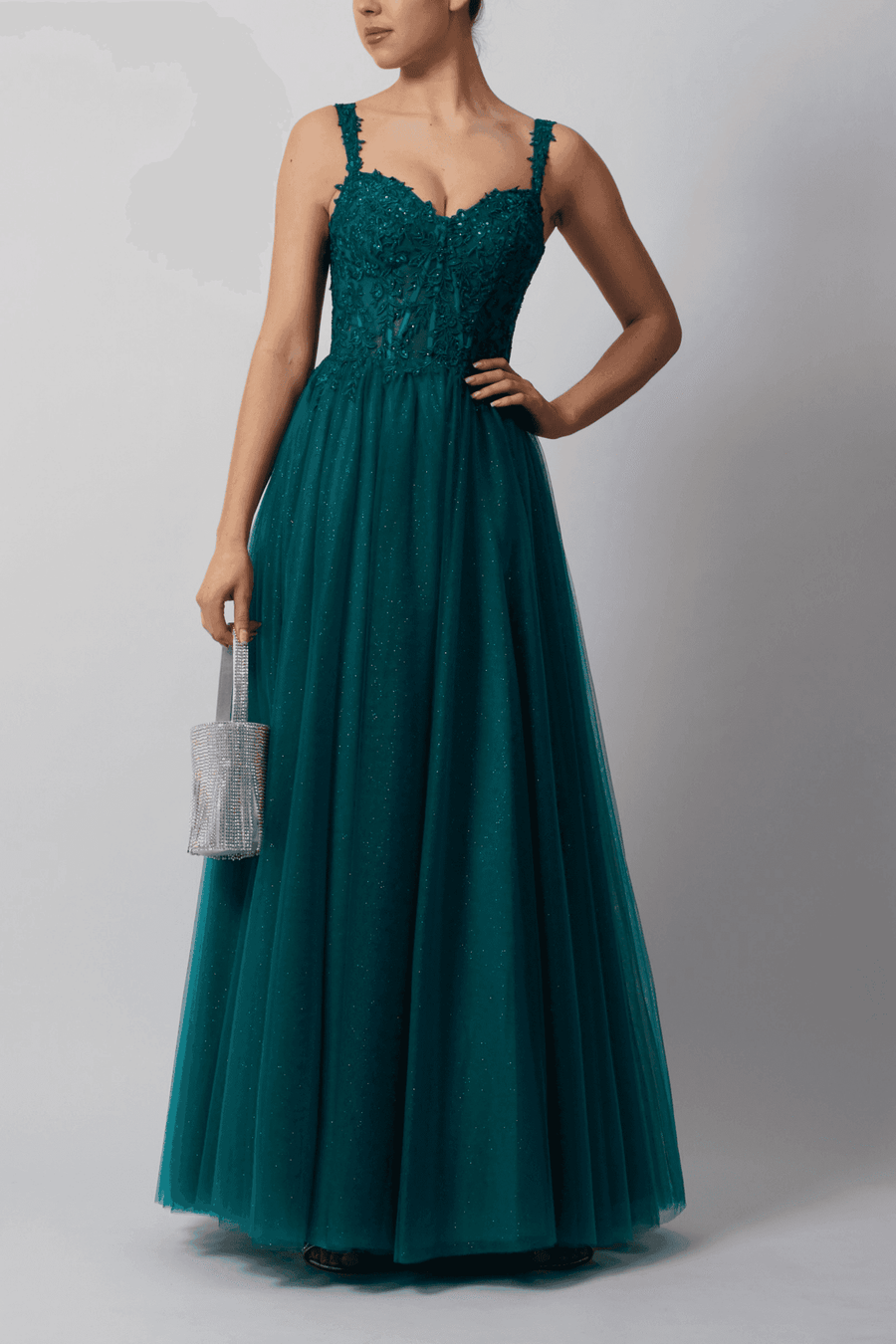 Mascara MC11347 Prom Gown in forest green with embellished bodice and glitter tulle skirt, ideal for prom or formal events in the Dresses category.
