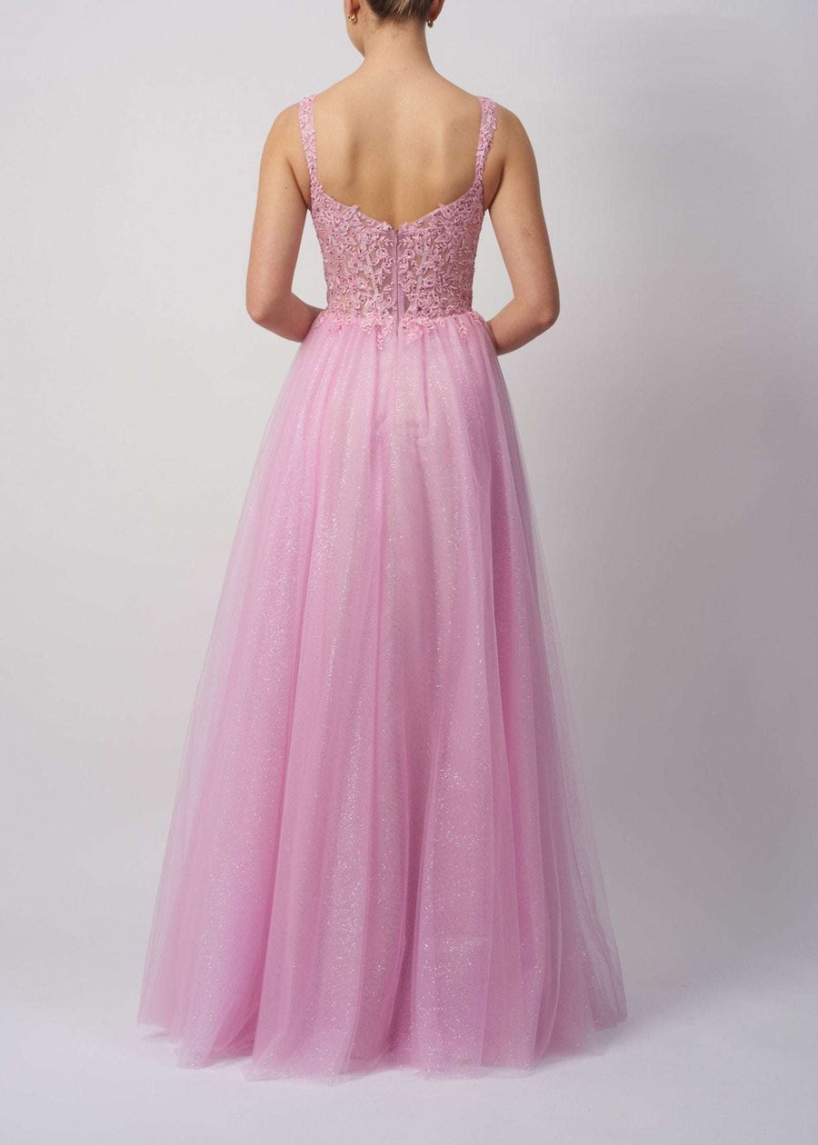 Back view of Mascara MC11347 Wisteria Embellished Tulle Prom Dress featuring a glittery pink tulle skirt and floral embellished corset bodice.