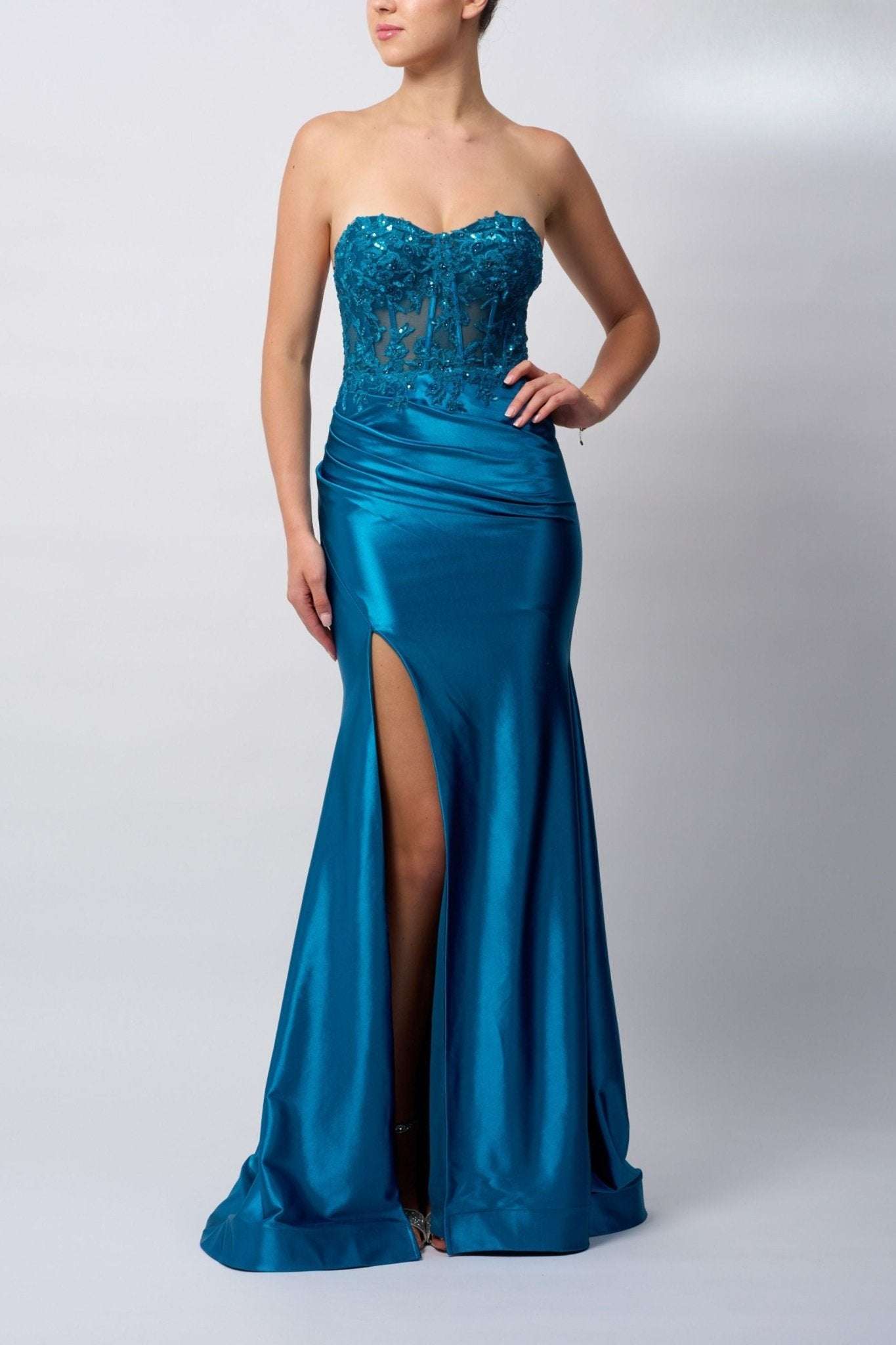 Mascara MC11421 Petrol Blue Beaded Embellished Prom Dress