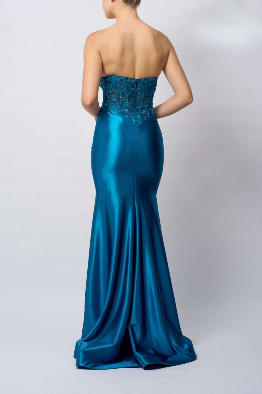 Mascara MC11421 Petrol Blue Beaded Embellished Prom Dress with strapless corset bodice and satin mermaid skirt, ideal for 2025 prom season.