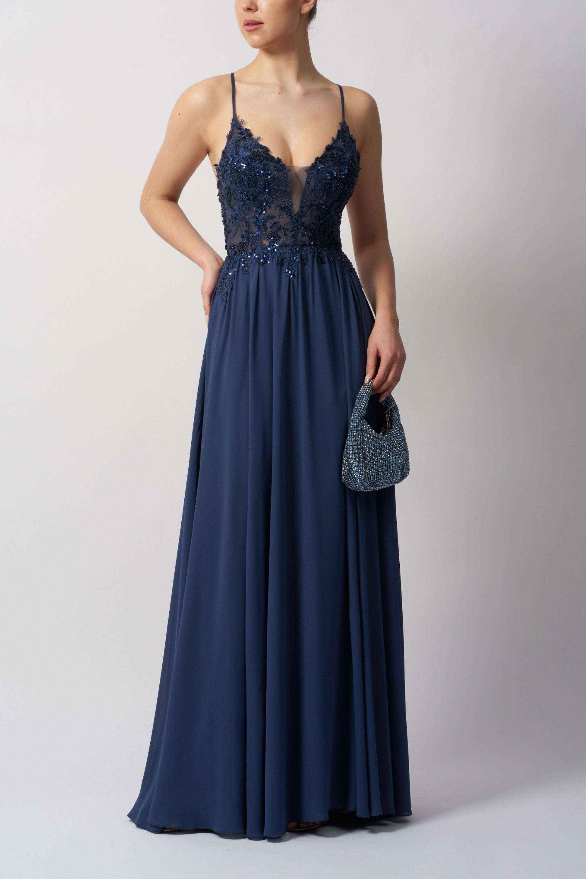 Mascara Airforce Blue Chiffon Prom Dress - Tie Back Long
