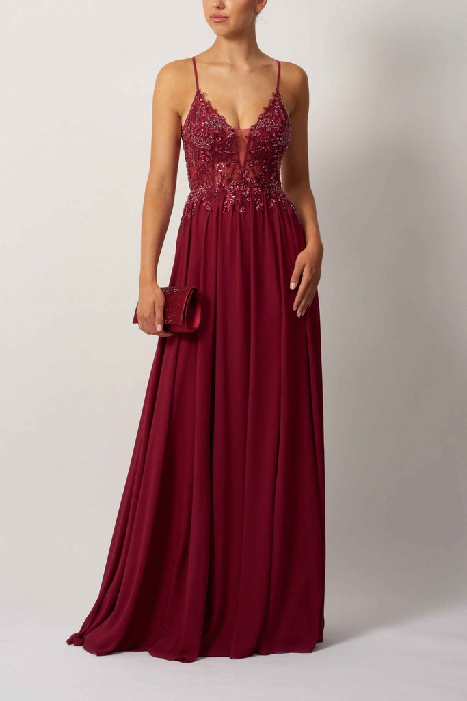 Mascara Chiffon Prom Dress in burgundy with sequin lace bodice and tie back design. Elegant fit for formal events and prom occasions.