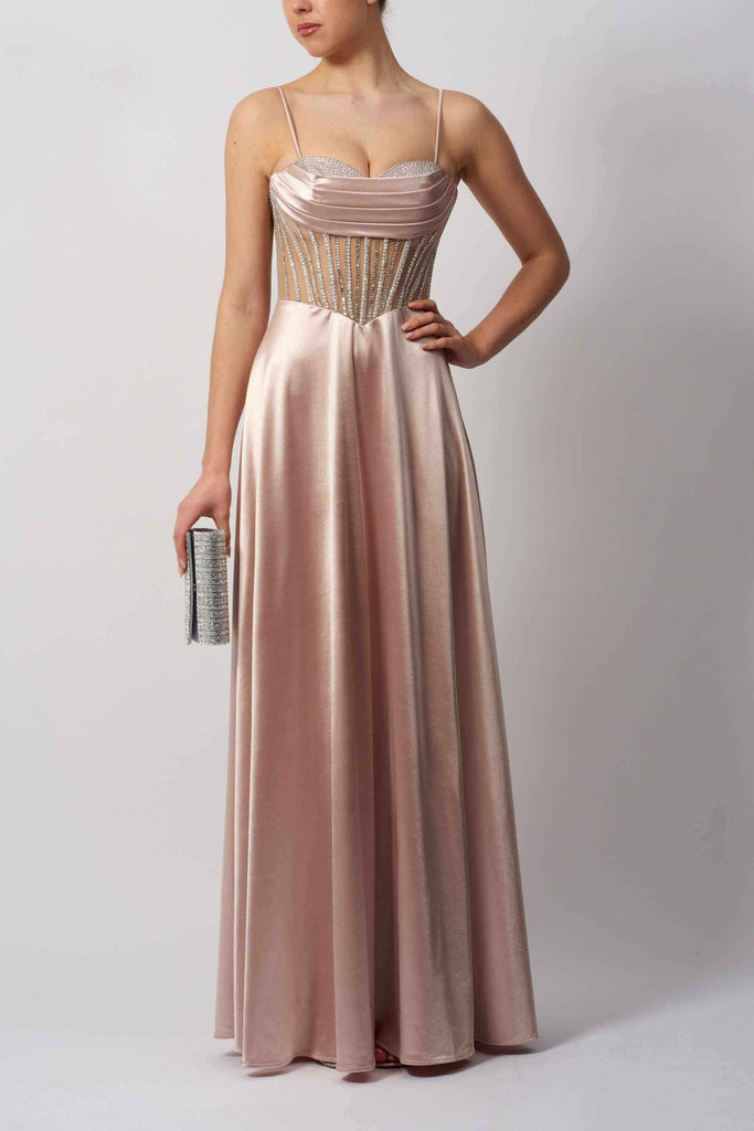 Mascara London MC11444 satin ballgown in blush pink with corset bodice and crystal accents, ideal for prom or bridesmaid wear.