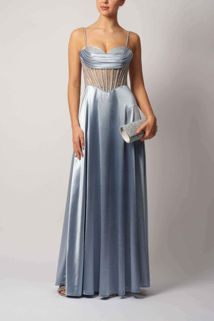 Mascara London MC11444 ballgown in icy blue satin featuring a structured corset bodice with crystal detailing, perfect for evening events.