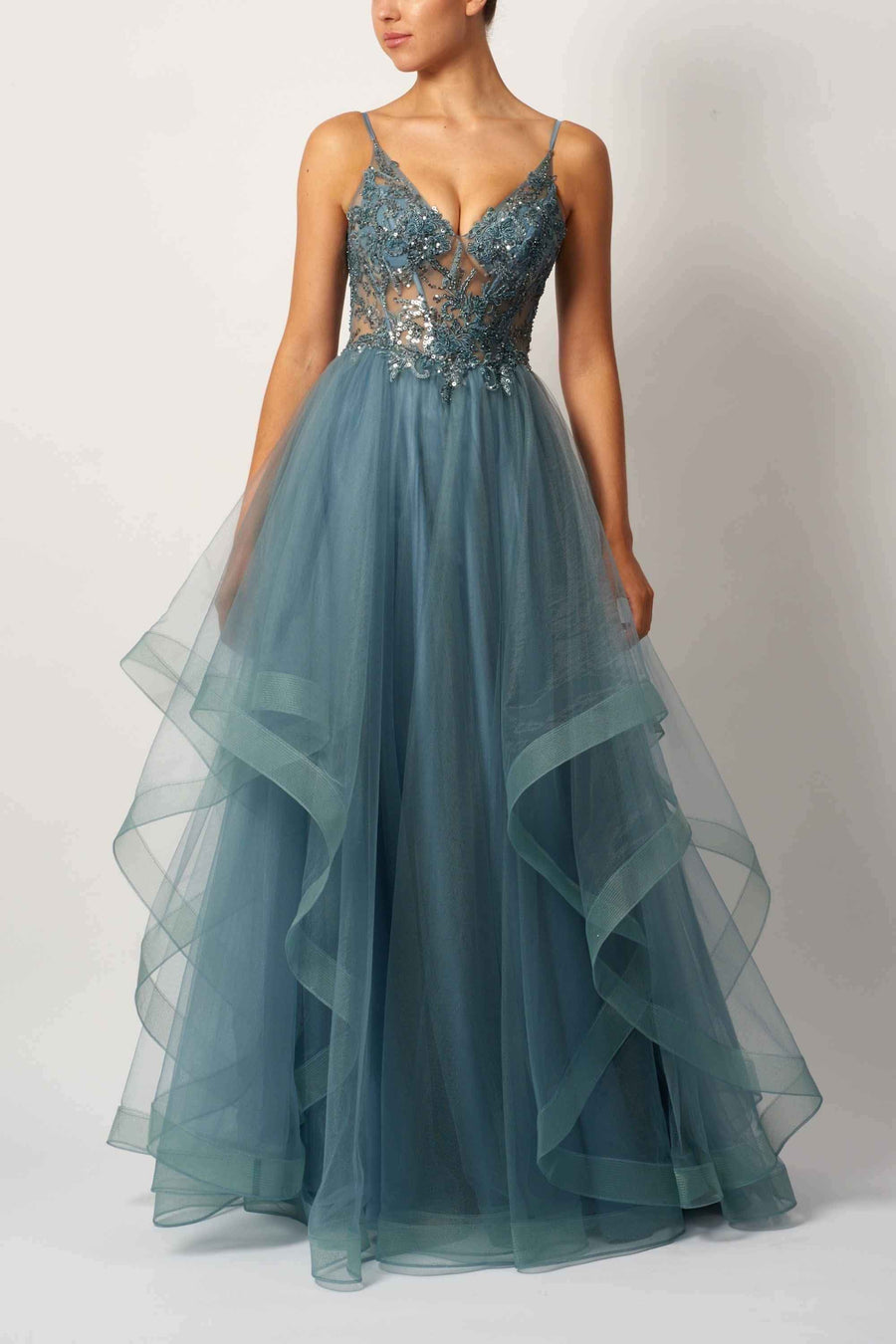 Tulle Ball Gown Prom Dress - Dew Glamorous | Beaded, Sheer Bodice Tulle Ball Gown Prom Dress - Dew Glamorous | Beaded, Sheer Bodice