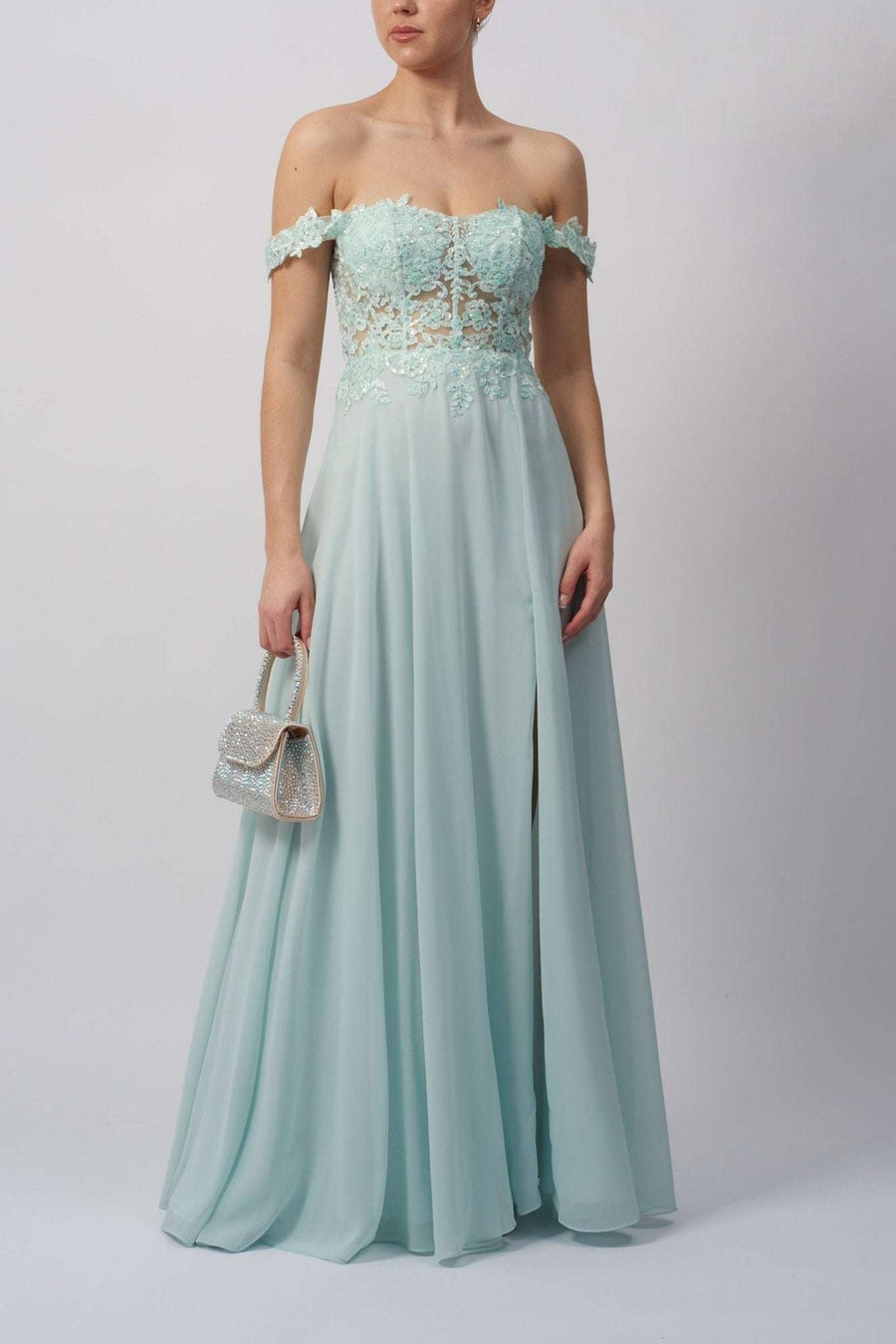 Mascara MC119311 Chiffon - Mint Bardot Prom Dress | Sizes 4-18 Mascara MC119311 Chiffon - Mint Bardot Prom Dress | Sizes 4-18