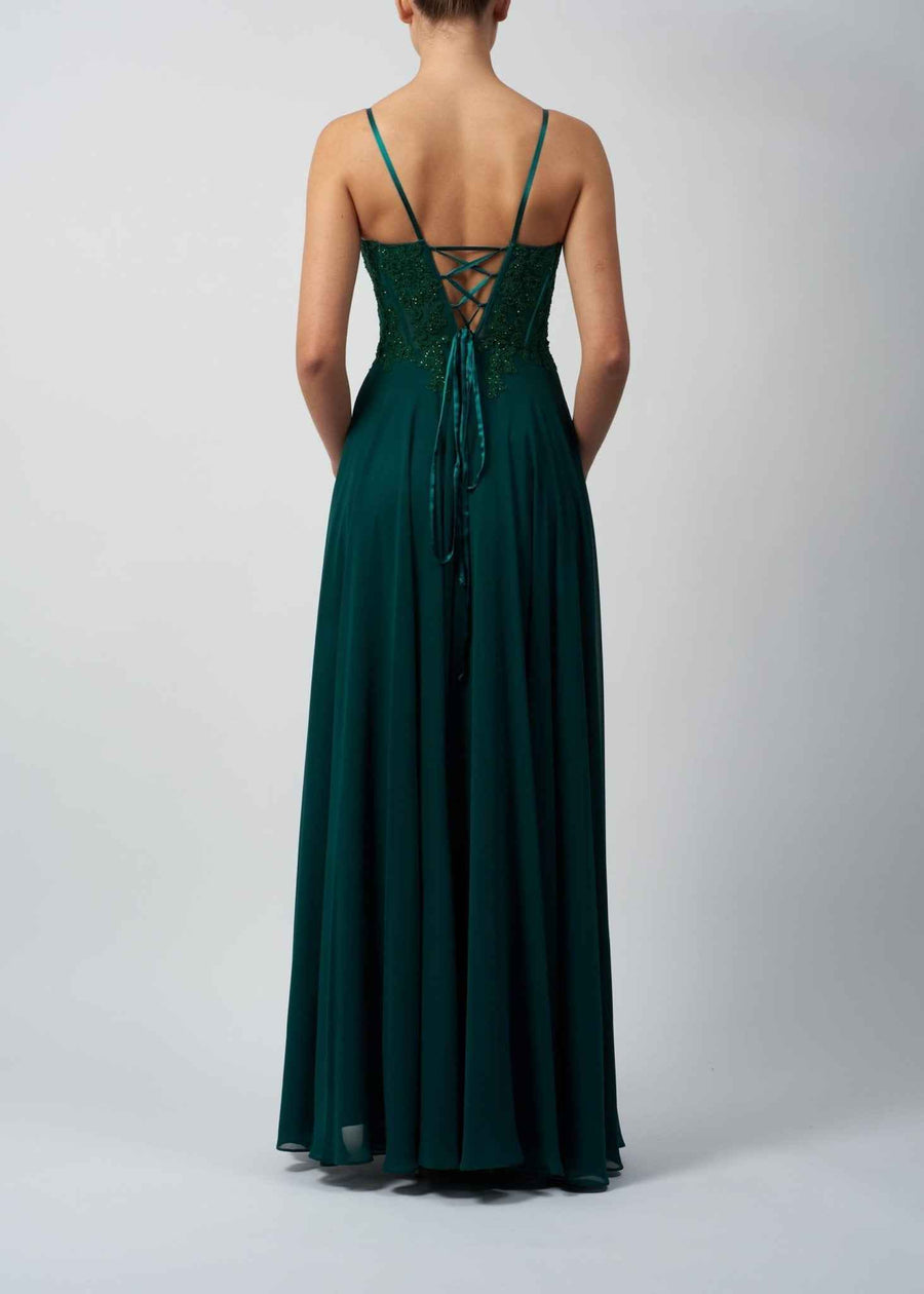 Mascara London Navy Chiffon Gown MC119321 featuring a lace-up back and flowing skirt, ideal for prom or bridesmaids in formal settings.