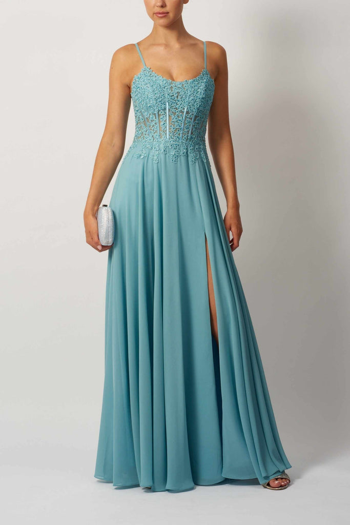 Mascara Chiffon Dew Gown in teal with lace bodice and thigh-high slit, ideal for prom or bridesmaids. Features tie-back and flowing chiffon skirt.