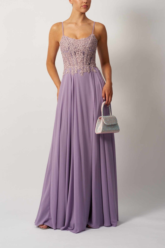 Lilac Mascara Chiffon Dew Gown with embroidered bodice and flowing skirt, perfect for bridesmaids or formal events. Elegant tie-back design included.