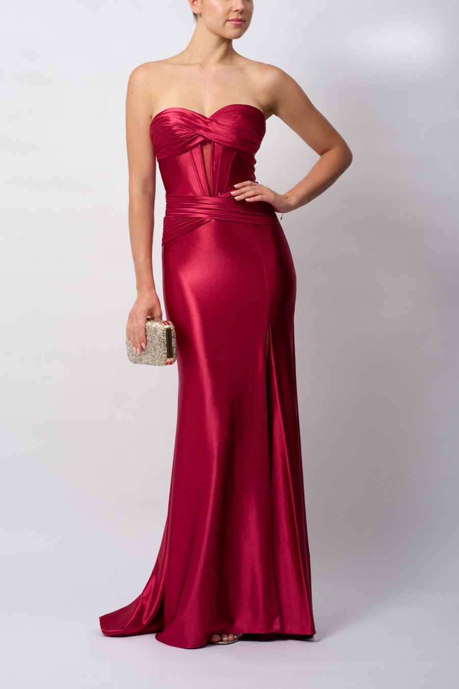 Mascara Berry Satin Dress - Berry Satin Prom gown featuring strapless pleated bodice, mesh cut-out corset, and thigh-high slit for evening wear.