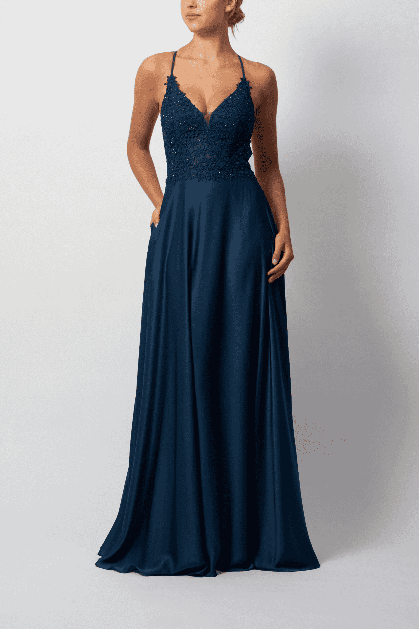 Airforce Blue Prom Dress - Satin Open Back | Full-Skirt Airforce Blue Prom Dress - Satin Open Back | Full-Skirt