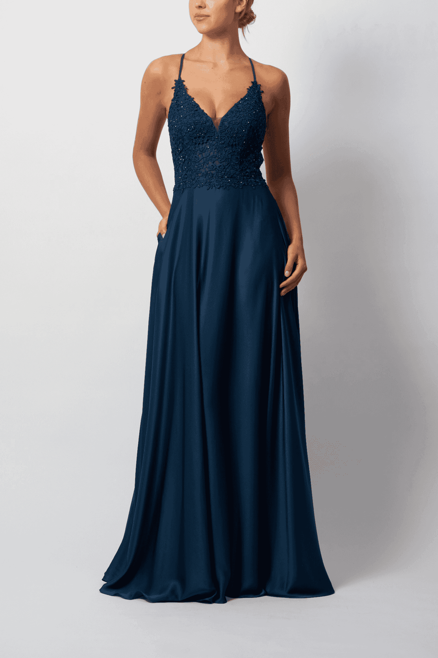 model in satin airforce blue long evening gown